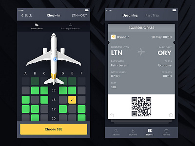 Boarding Pass & Payment Screens card check in flight select seat tickets trip