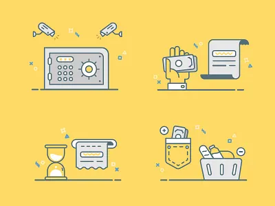 Monetary set icon basket bill bread hand icons milk money negative plus pocket secure time