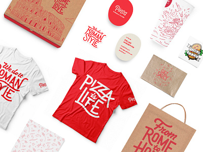 Pinsa Collateral branding collateral colosseum focus illustration lettering logo logotype mockup pizza rome script