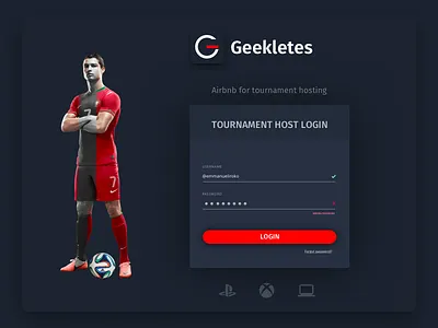 Geekletes - Dark Login Redesign clean dark theme game minimalistic startup tournament hosting