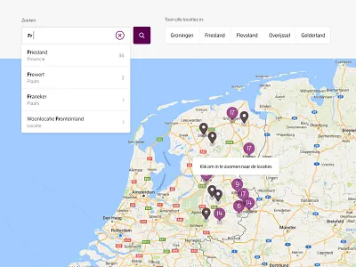JP van den Bent stichting - Locations clean cluster filter google maps locations map marker redkiwi search simple suggestions