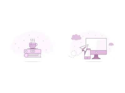 Product Feature Illustrations book clouds coffee computer design icon illustration iphone macbook paper airplane