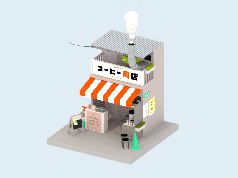 Meat & Coffee 3d blender coffee shop environment gif isometric japan loop low poly render tokyo