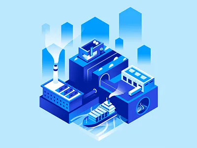 Physical Supply Chain Layer boat city data factory gradient illustration isometric shop