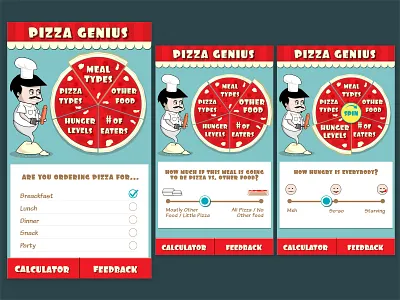 Pizza app design cartoonish genius pizza slices takeaway