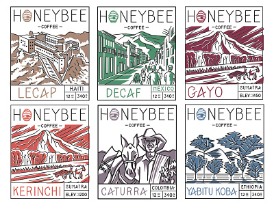 Honeybee Labels coffee design illustration packaging printmaking screenprint