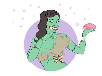 Miss Zombie brain color flat illustration zombie