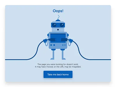 Oops! Website Error Page 404 blue button cute drop shadow error illustration robot ui ux unplug web