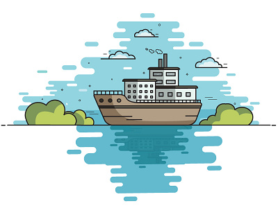 The Ship bushes clouds geometry illustration pastel reflection ship smoke water