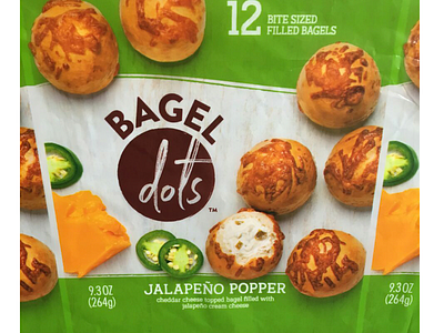 Bagel Dots coming off the press! bagels balls breakfast cheese frozen green jalapeños package design packaging press check