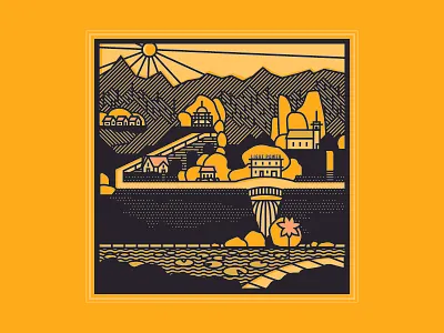 Mini Village city illustration mini mountains park sky small sun town village water