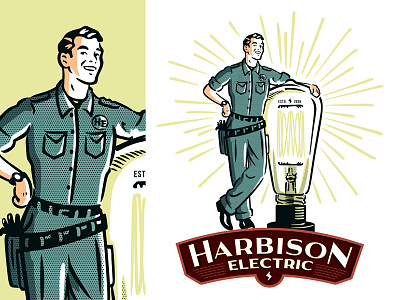 Harbison Electric Identity bulb electrician illustration light rays retro smile texas vintage