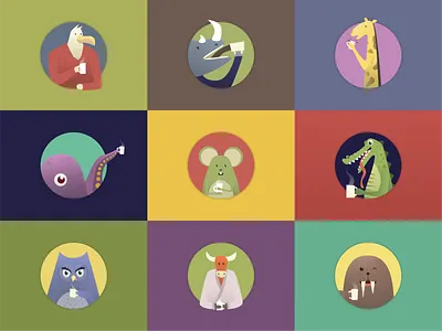 The Coffee Lovers - CHARACTERS alligator animals bull characters crocodile giraffe mouse octopus owl rhino rooster walrus