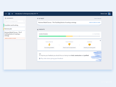 Peergrade Course Overview cards dashboard edtech emojis progress progress bar