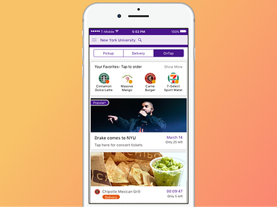 OnTap concert delivery food ios iphone menu ordering pickup tabs
