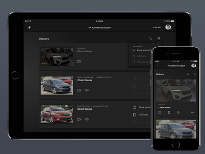 History Dashboard for iPad and iPhone dark ui dashboard design dropdown filter history ipad mobile mobile app tablet ui user interface