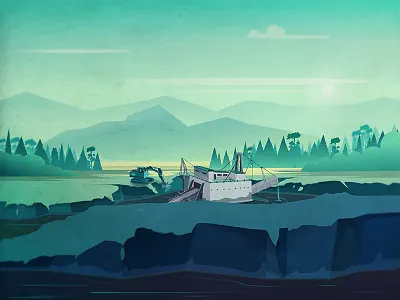 Alaska Landscape III alaska career dredge forest gold rush green illustration tree water yellow