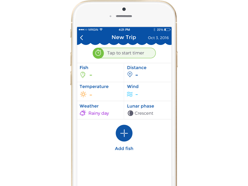 Track your fishing activity like a pro - Fishency android app blue clean design fish ios mobile tracking ui ux wearable