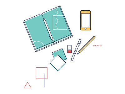 Workspace desk flat lay geometric illustration notebook pencil phone stroke workspace