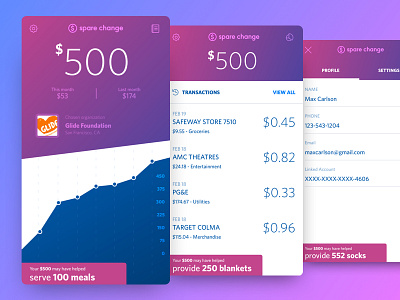 Spare Change app charity donate finance mobile ui user ux