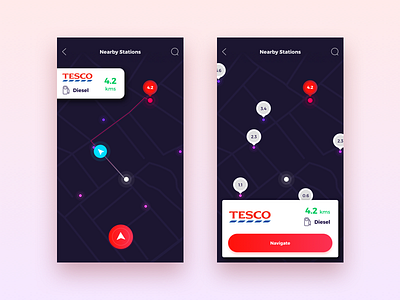 Nearby Station dark design diesel fuel gas navigate point red track ui ux