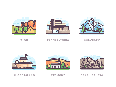 US states buildings color icons line nature travel