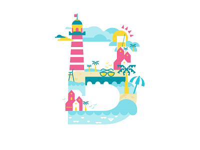 B for beach 36days b 36daysoftype beach glasses house illustration sun vector water waves