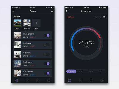 Thermostat App app application black controls dark ui flat ios switch temperature temperature control thermostat