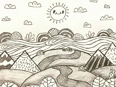 Happy land sketch art design doodle drawing happy land linedrawing. trippy notepad paper pencil rough sketch