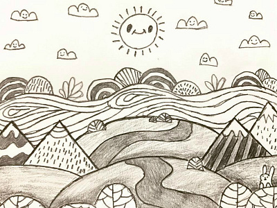 Happy land sketch art design doodle drawing happy land linedrawing. trippy notepad paper pencil rough sketch