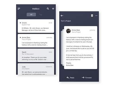Mailbox app black card cool design interface ios mail mailbox simple ui ux