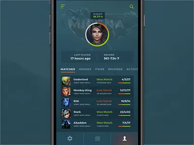 Dark Gamer Profile Design app clean dark design dota game mobile stats ui