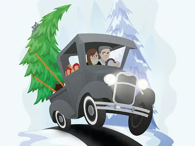 Model A 2016 Christmas Card car card cat christmas ford holiday illustration trees truck winter