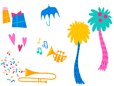 Freckleland Video Art confetti dr. seuss freckleland hearts illustration music presents trees trombone trumpet umbrella