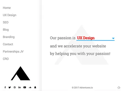 adventures.io Homepage with vertical menu navigation homepage vertical menu vertical navigation
