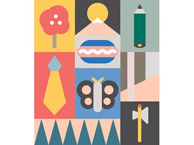 abstract illustration #2 axe butterfly flower geometric hot dog mountain pen pencil sunrise sunset tie tree