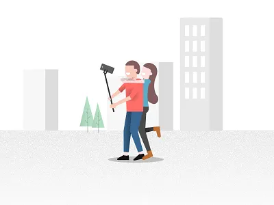 Selfie! character grain illustration man salt and pepper selfie selfie stick tree ui vector woman