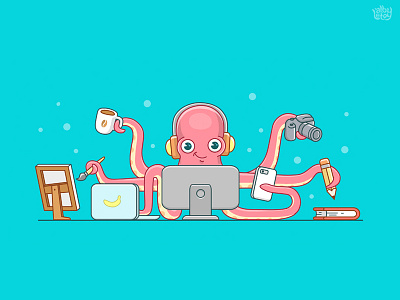 Multi Talent Octopus camera cartoon coffee fish freelance illustration octopus sea sushi web work workplace