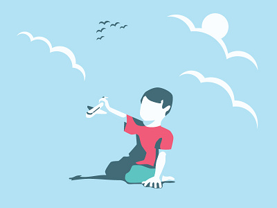 Flight airplane birds blue child clouds flight illustration kid playing sky