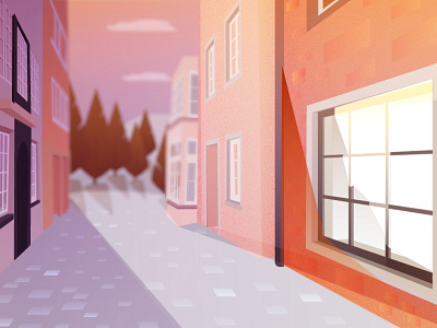 Village Street allleyway buildings illustration light path street sunrise sunset town village walkway