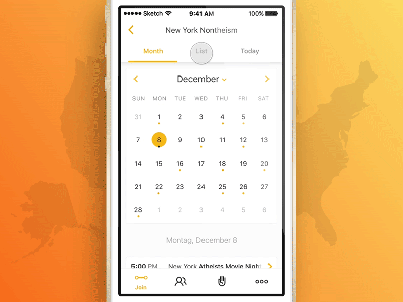 Event Application Calendar animation calendar events flinto ios mobile principle scroll tabs ui