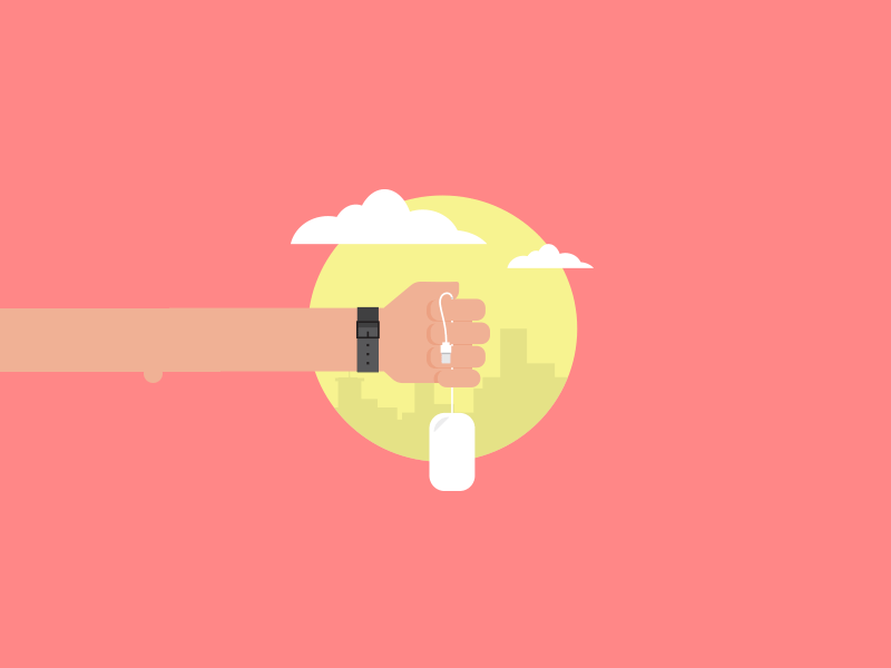Over it. app arm city clouds hand illustration mouse watch