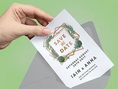 Geometric Wedding Save the Date cards blush copper flowers foil geometric greenery grey illustration leaves type vector wedding stationery