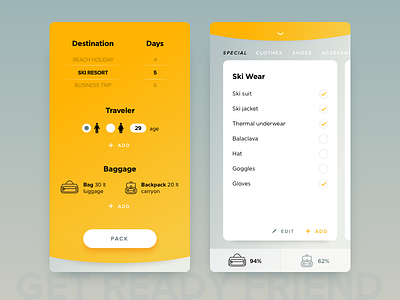 Get Packed! app baggage case clothes filters interface ios mobile schedule travel ui ux