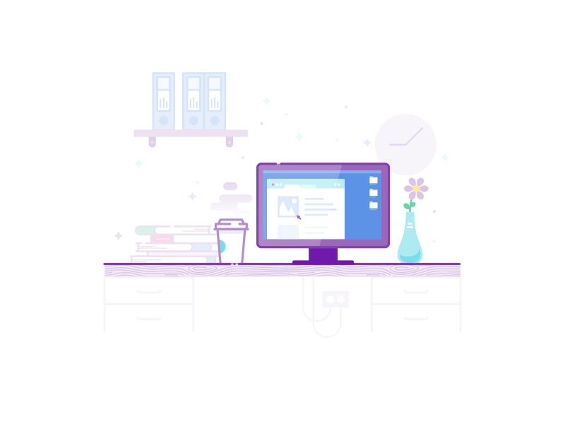 MYOB Desk coffee computer desk illustration lamp laptop plant vector