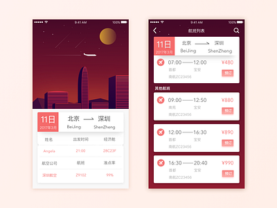 A plane ticket(一张机票) app ui