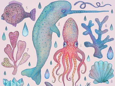 Et coloris natura VI animals illustration narwhal octopus plants sea watercolors