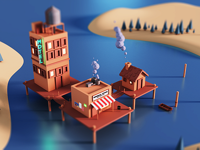 Lake Town 3d blender house lake render tilt shift