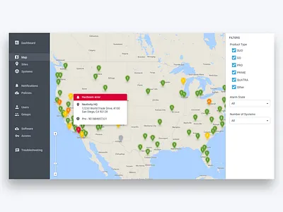 Wave map view (with location filters) admin tool dashboard filter hover location map pin ui website zoom