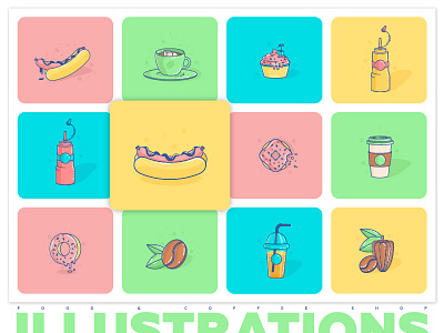 Food & Coffee Illustrations cake coffee donut fresh hot dog icons juice shop sweets